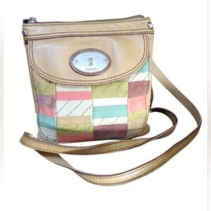 Vintage Fossil Tan and Multicolor Patchwork Crossbody Bag 8x8